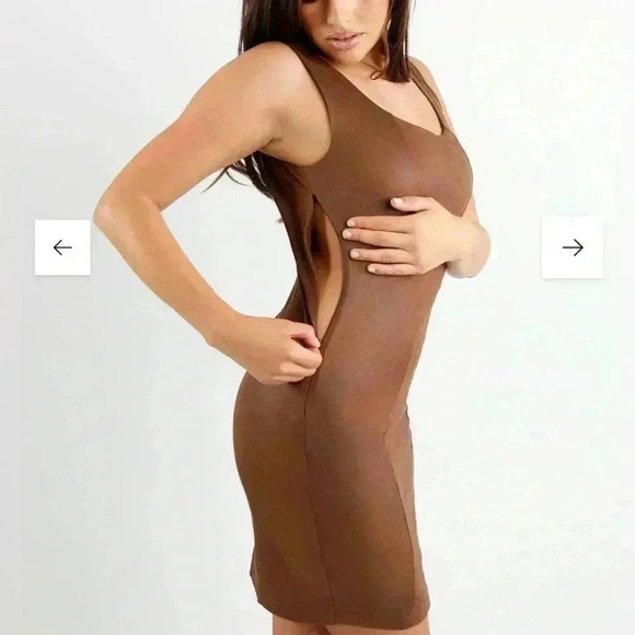 POPILUSH Shapewear Dress Faux-Suede Square Crew Neck Midi - Picture 4 of 12